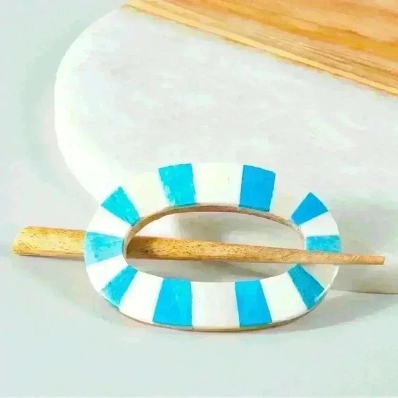 Handmade Mango Wood & Responsibly Sourced Bone Inlay Hair Pin /Turquoise & Ivory - Picture 2 of 4